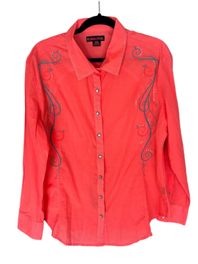 Rock & Roll Cowgirl Coral Embroidered Button-Front Western Shirt